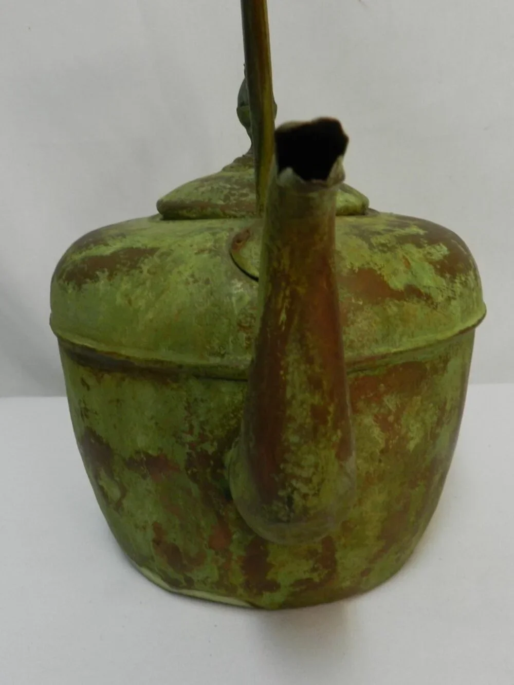 Antique Vintage Copper Tea Kettle Goose neck Spout green patina Handle 12